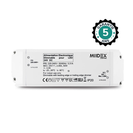 [100115] Alimentation pour LED 24VDC 50W Dimmable Coupure de phase