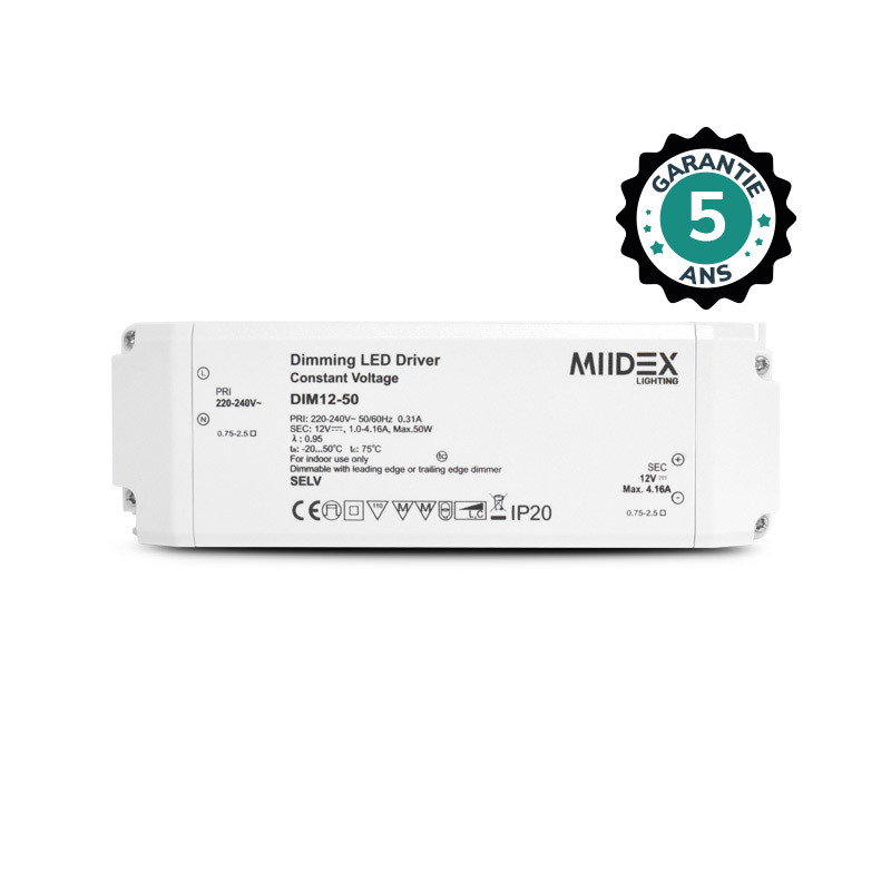 Voeding voor LED 24VDC 50W Dimbaar Faseafsnijding