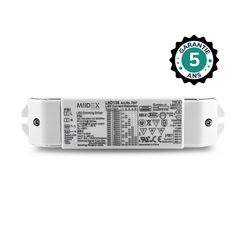 Alimentation pour LED 13-36W, 3-66VDC, Dimmable DALI / PUSH / 0-10V